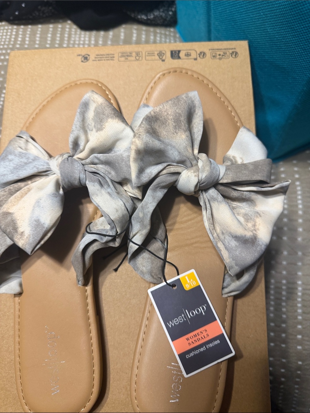 west loop Tan Sandals with Gray Tie-Dye Bow